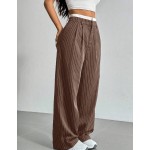SHEIN EZwear 休閒棕色條紋腰帶寬腿西裝長褲，適合夏季教師節辦公商務穿著
