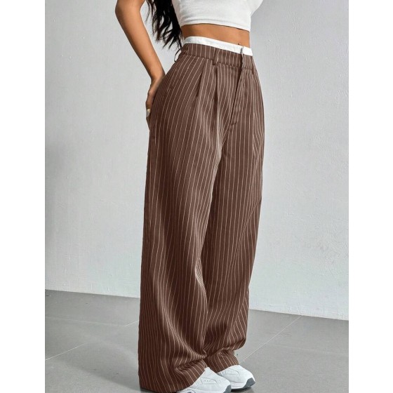 SHEIN EZwear 休閒棕色條紋腰帶寬腿西裝長褲，適合夏季教師節辦公商務穿著