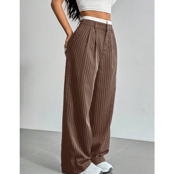 SHEIN EZwear 休閒棕色條紋腰帶寬腿西裝長褲，適合夏季教師節辦公商務穿著