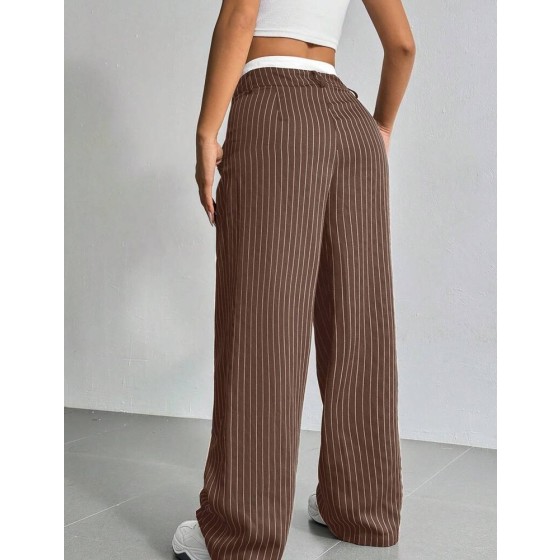 SHEIN EZwear 休閒棕色條紋腰帶寬腿西裝長褲，適合夏季教師節辦公商務穿著