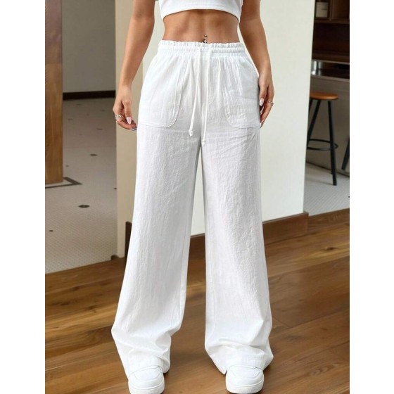 SHEIN EZwear 女式休闲纯色抽绳腰阔腿梭织裤