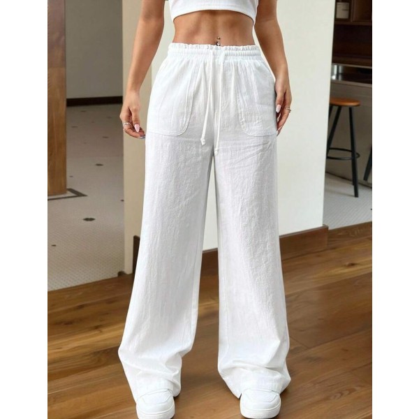 SHEIN EZwear 女式休闲纯色抽绳腰阔腿梭织裤