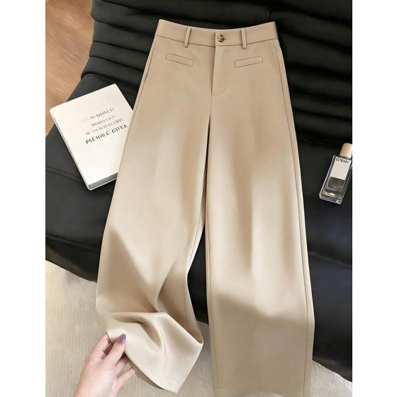 SHEIN Franclia 女款夏季卡其色休閒直筒辦公長褲，冬季優雅獨特高腰寬鬆寬腿西裝長褲，商務穿著