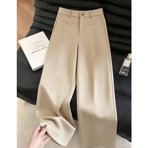 SHEIN Franclia 女款夏季卡其色休閒直筒辦公長褲，冬季優雅獨特高腰寬鬆寬腿西裝長褲，商務穿著