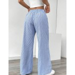 SHEIN LUNE 女款藍色條紋低腰寬腳褲，適用於度假、休閒穿著