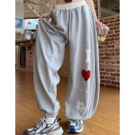 女士优雅休闲通勤百搭心形刺绣宽松抽绳喇叭裤 春季