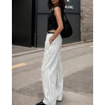 (不含腰帶) 2026 春/夏/秋 時尚極簡日常通勤街頭風黑白條紋拼色女款寬腿褲，適合秋季穿搭、外出、約會、度假、返校、畢業、街頭風、派對、萬聖節、聖誕節
