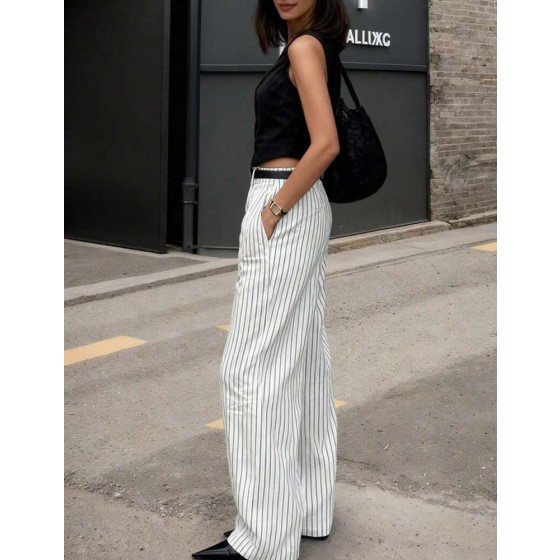 (不含腰帶) 2026 春/夏/秋 時尚極簡日常通勤街頭風黑白條紋拼色女款寬腿褲，適合秋季穿搭、外出、約會、度假、返校、畢業、街頭風、派對、萬聖節、聖誕節