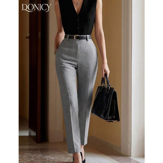 DONICY 經典灰色直筒女款中高腰拉鍊長褲，側口袋，時尚商務休閒褲（無腰帶）