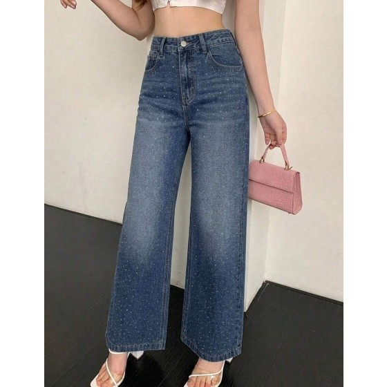 DAZY 秋季女款休閒 Y2K 水洗牛仔鑲鑽寬腿牛仔褲 夜店外出穿搭 海軍藍