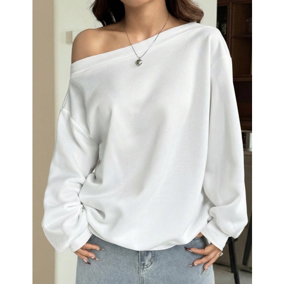 SHEIN EZwear 女士宽松斜肩保暖内衬卫衣，白色，秋冬