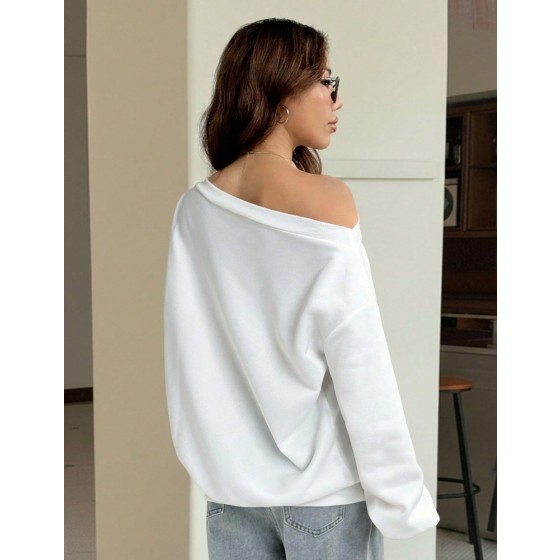 SHEIN EZwear 女士宽松斜肩保暖内衬卫衣，白色，秋冬