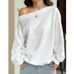 SHEIN EZwear 女士宽松斜肩保暖内衬卫衣，白色，秋冬