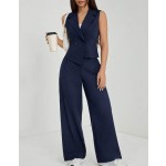 SHEIN PETITE 2件組女款純色無袖上衣與長褲套裝 秋季服飾 海軍藍 小碼女款