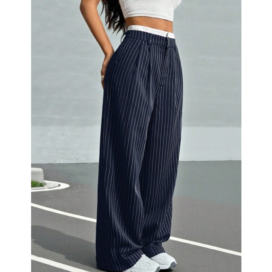 SHEIN EZwear 秋冬季女士褶裥条纹阔腿西装裤，撞色腰带设计