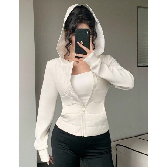 DAZY 女士连帽棉衣，撞色袖子，合身腰部，优雅都市休闲外套