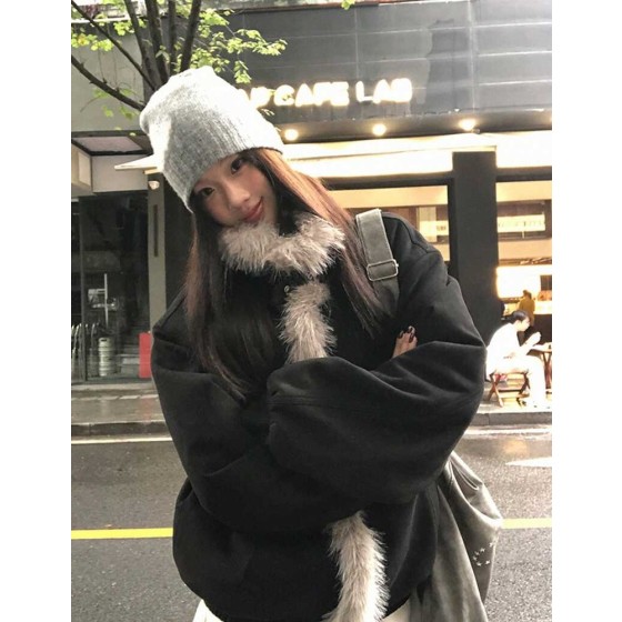 女士仿麂皮绒抓绒外套，秋冬季加厚羽绒服，黑色