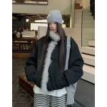 女士仿麂皮绒抓绒外套，秋冬季加厚羽绒服，黑色