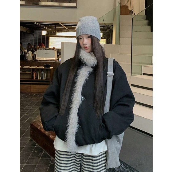 女士仿麂皮绒抓绒外套，秋冬季加厚羽绒服，黑色