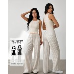 SHEIN PETITE 女款休閒寬鬆條紋寬腿褲 寬大版型，適合嬌小女性