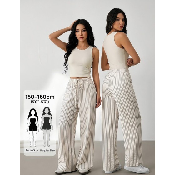 SHEIN PETITE 女款休閒寬鬆條紋寬腿褲 寬大版型，適合嬌小女性